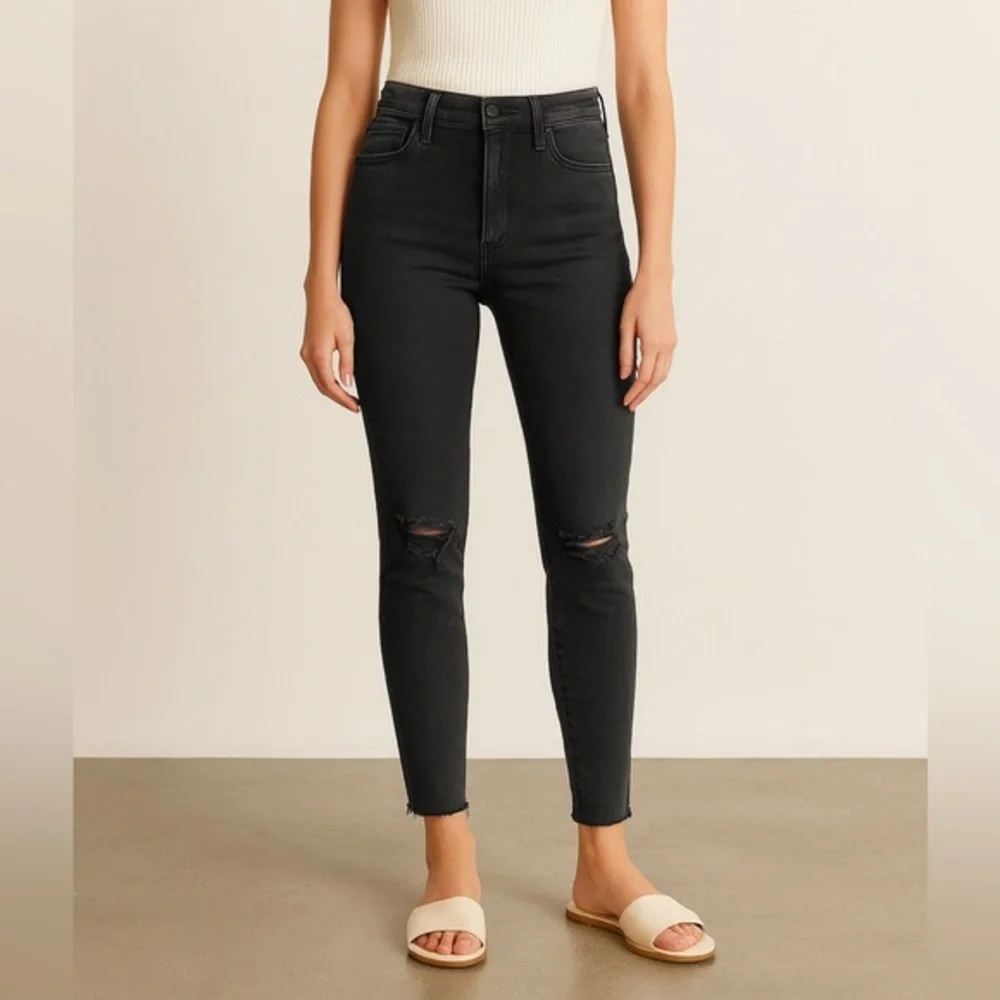 Madewell Jeans Size 27 Black Sea Curvy‎ High-Rise Skinny Raw Hem Ripped